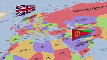 eritrea en Verenigde koninkrijk vlag golvend met de wereld kaart, naadloos lus in wind, 3d renderen video