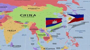 Camboya y Filipinas bandera ondulación con el mundo mapa, sin costura lazo en viento, 3d representación video