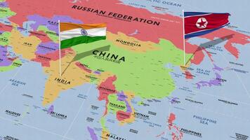 India e nord Corea bandiera agitando con il mondo carta geografica, senza soluzione di continuità ciclo continuo nel vento, 3d interpretazione video