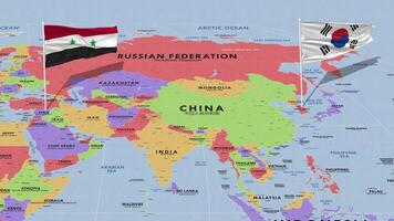 Syria and South Korea Flag Waving with The World Map, Seamless Loop in Wind, 3D Rendering video
