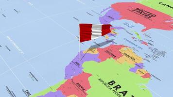 Peru Flag Waving in Wind, World Map Rotating around Flag, Seamless Loop, 3D Rendering video