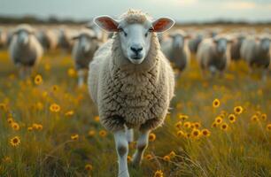 AI generated Sheep stands in field of sunflowers. Many sheep walking in a grassy field photo