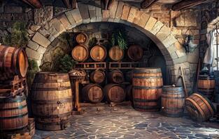 AI generated Old wooden barrels in wine cellar photo