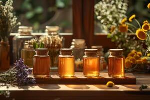 AI generated Various types of herbal tinctures in jars on wooden table in front of window photo