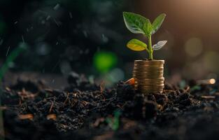 AI generated Tree growing on pile of coins. A stack of coins growing from the ground with green leaves photo