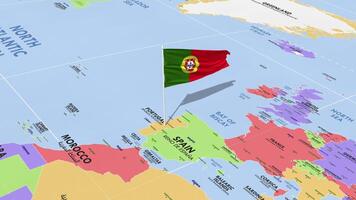Portogallo bandiera agitando nel vento, mondo carta geografica rotante in giro bandiera, senza soluzione di continuità ciclo continuo, 3d interpretazione video