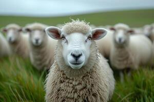 AI generated A group of sheep are in the grass. Sheep stares at the camera with other sheep in the background photo