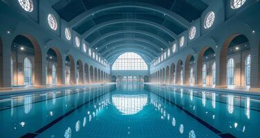 AI generated Indoor swimming pool with glass roof photo