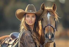 ai generado hermosa joven mujer y caballo en el Afuera foto