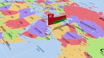 Oman Flagge winken im Wind, Welt Karte rotierend um Flagge, nahtlos Schleife, 3d Rendern video