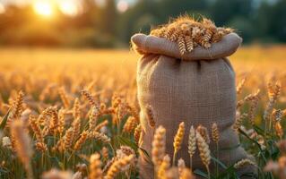 AI generated Wheat ears in bag on the background of wheat field. Grain of wheat bag in a field photo