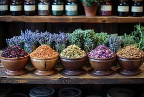 AI generated Various dried herbs in wooden bowls on the shelves of the store photo