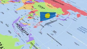 Palau Flag Waving in Wind, World Map Rotating around Flag, Seamless Loop, 3D Rendering video