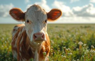 AI generated Young calf is standing in field on sunny day photo