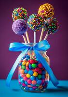 AI generated Colorful cake pops in jar and blue bow on purple background photo