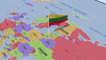 Lithuania Flag Waving in Wind, World Map Rotating around Flag, Seamless Loop, 3D Rendering video