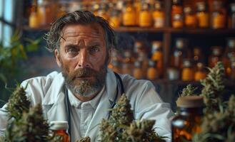 AI generated Portrait of mature male doctor with lot of cannabis buds in the lab. photo