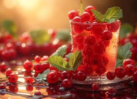 AI generated Red currant juice in glass and fresh berries with drops of water on dark background photo