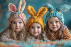 ai generado Tres linda pequeño muchachas son acostado en el cama en calentar de punto sombreros con orejas de liebre. foto