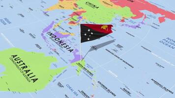 Papua New Guinea Flag Waving in Wind, World Map Rotating around Flag, Seamless Loop, 3D Rendering video