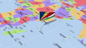 seychelles bandera ondulación en viento, mundo mapa giratorio alrededor bandera, sin costura bucle, 3d representación video