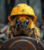 ai generado abeja en casco es sentado en oxidado metal tubo foto