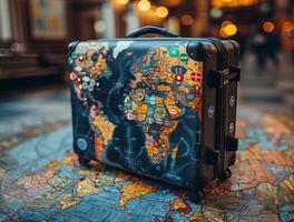 ai generado viaje Clásico maleta es metido en el mundo mapa foto