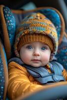 AI generated Cute little beautiful baby boy sitting in the car seat and waiting for mom photo