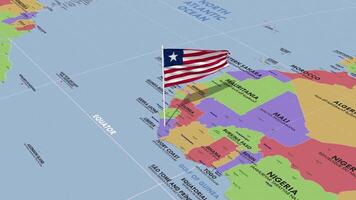 Liberia bandera ondulación en viento, mundo mapa giratorio alrededor bandera, sin costura bucle, 3d representación video