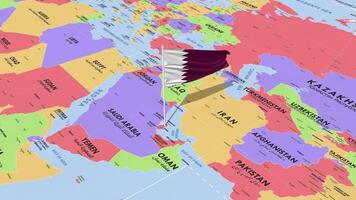 qatar vlag golvend in wind, wereld kaart roterend in de omgeving van vlag, naadloos lus, 3d renderen video