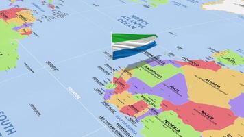 sierra leona bandera ondulación en viento, mundo mapa giratorio alrededor bandera, sin costura bucle, 3d representación video