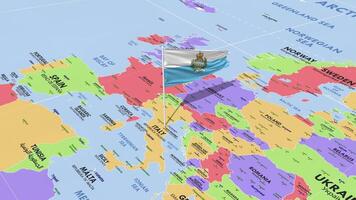 San Marino Flag Waving in Wind, World Map Rotating around Flag, Seamless Loop, 3D Rendering video