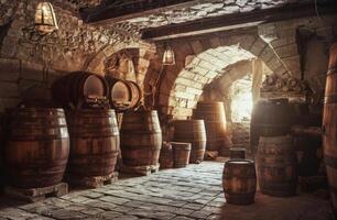 AI generated Old wooden barrels in wine vault illuminated by the rays of the setting sun photo