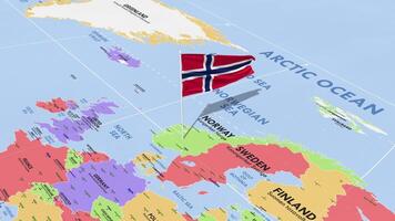 Noruega bandera ondulación en viento, mundo mapa giratorio alrededor bandera, sin costura bucle, 3d representación video