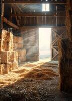 AI generated Hay bales in barn with sunlight streaming in photo