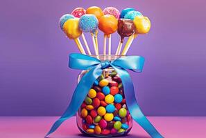 AI generated Colorful candies and lollipops in glass jar with blue bow on purple background photo