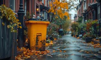 ai generado amarillo basura lata es rodeado por otoño hojas en mojado calle foto