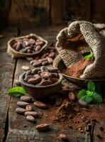 AI generated Cocoa powder and cocoa beans on wooden table photo