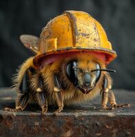 AI generated Bee wearing hard hat on a dark table. Bee is wearing yellow construction helmet photo