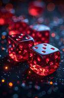 AI generated Red dice on casino table with motion blur. Gambling scene with red cards and dice on a black background photo