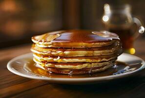 AI generated Stack of pancakes with syrup. An editorial shot of a pancakes covered in syrup on a table photo