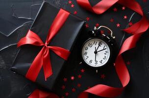 AI generated Black Friday sale. Gift box and alarm clock on dark background with stars photo