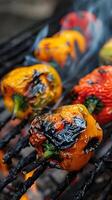 AI generated Roasted peppers, charred skins peeled away, vibrant and smoky photo