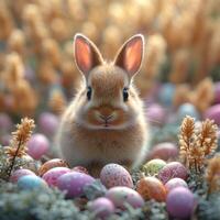 ai generado linda pequeño conejito y Pascua de Resurrección huevos en el prado foto