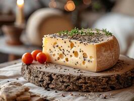 AI generated Piece of aged cheddar cheese on wooden board with thyme and tomatoes on table in kitchen photo