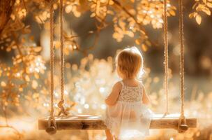 AI generated Little girl is sitting on swing in the park on warm autumn day swinging on the tree photo