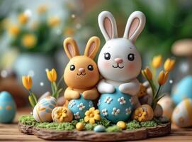 AI generated Two cute bunnies made of modeling clay and easter eggs on wooden stand. Easter holiday concept. photo