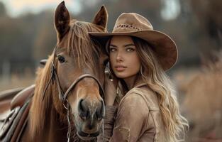 ai generado hermosa niña y caballo en rancho foto