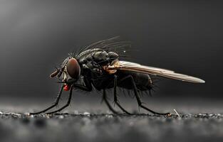 AI generated Fly is seen on black surface. Fly is sitting on the floor photo