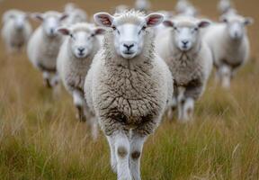 ai generado un grande grupo de oveja es caminando alrededor un campo. soltero oveja soportes fuera desde el manada como eso se mueve a través de campo foto